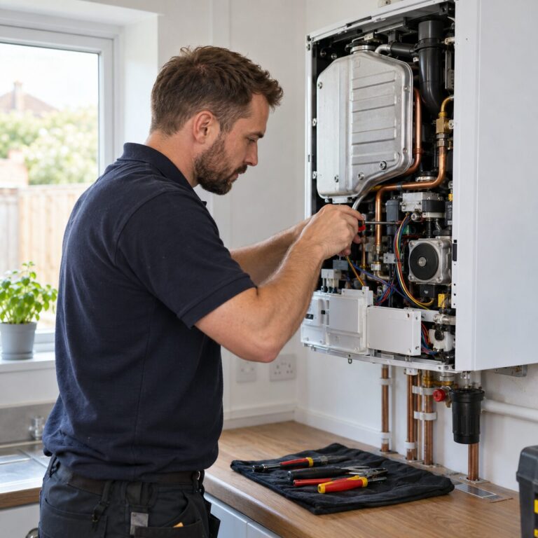 AI test image: heating engineer repairing a domestic boiler