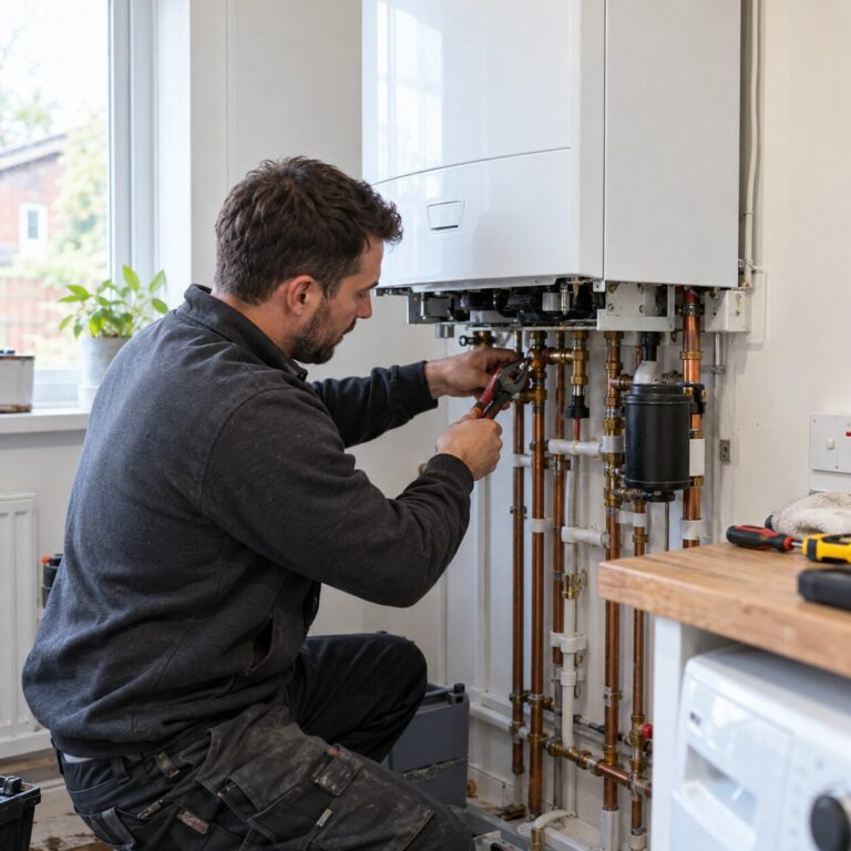 AI test image: heating engineer repairing a domestic boiler